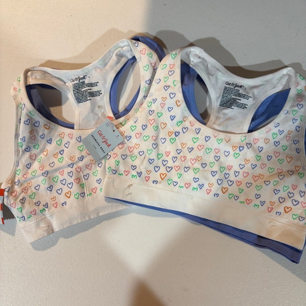 Cat & Jack Girls Seamless Bras 4-Pack Size L Hearts White‎ Purple Racerback NWT